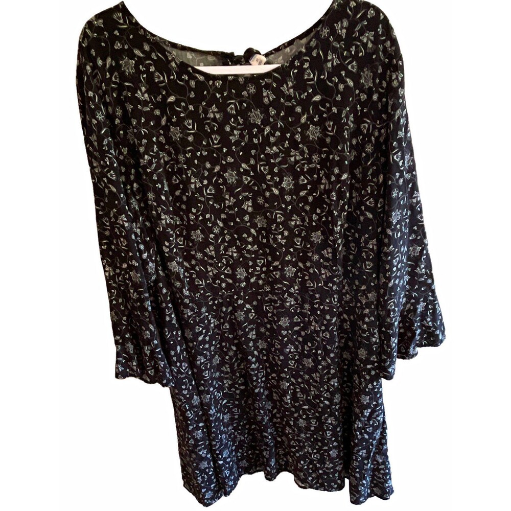 Old Navy Women's 20 Black/White Floral A-Line Short Dress 3/4 Bell Tie Ruffle